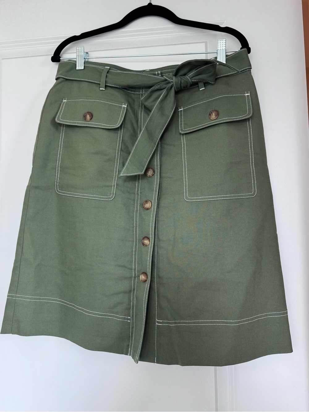 J. Crew Olive Green Button-Front A-Line Skirt with Tie Waist